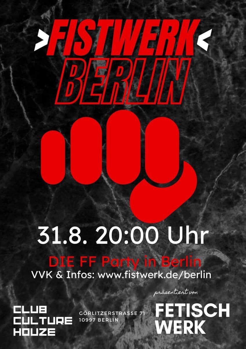 Fistwerk Berlin Veranstaltungsplakat mit rotem Fist-Logo und Datum.