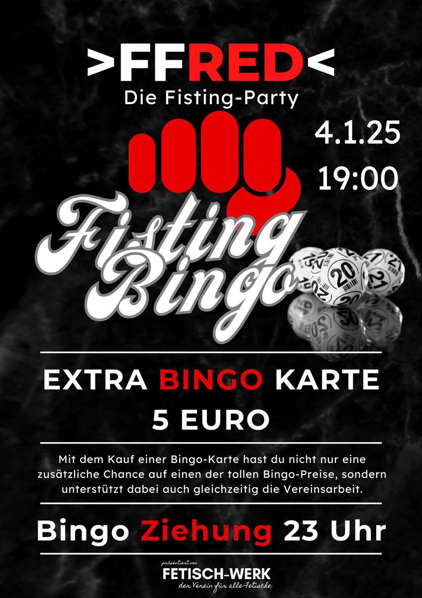 Fisting-Party Flyer mit Bingo, Fisting, Dehnsucht, XXL Toys, Assplay und Slings.