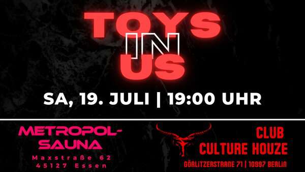 Toys in us - Toyplayparty: Jugendliche und Erwachsene feiern eine Party mit Neon- und LED-Beleuchtung, die auf einen dunklen Hintergrund mit Text und Logos in leuchtenden Farben zeigt.
