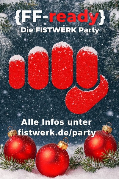 Rote Fäuste und festliche Dekorationen, passend zur "FF-Ready Party – Christmas Edition".