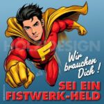 Helden-Comic-Design, Superheld, Motivation, Kraft, Stärke, Mut, Inspiration, Wunsch nach Heldentum, Handwerk, Gemeinschaft, Teamarbeit, Kraftquelle, Erfolg, Deutsch, moderne Illustration, Comic-Charakter, mutiger Held, kraftvolle Botschaft, positive Stimmung, Wunsch nach Heldentaten, Fistwerk-Design, inspirierende Grafik, Cartoon-Stil, kraftvolles Statement, Gemeinschaftssinn, berufliche Stärke, Heldenmotivation.