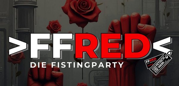 Rote Fäuste und Rosen symbolisieren Leidenschaft und Stärke bei der FFRED Fistingparty, mit einem stilvollen Hintergrund und dem Event-Logo im Vordergrund.