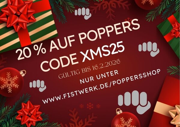 Fistwerk Weihnachtsrabatt auf Popper, mit Geschenken und festlicher Weihnachtsdeko, inklusive einem Code für 20% Rabatt bis Februar 2026. Perfekt für Action- und Partyfans, nur im Onlineshop.