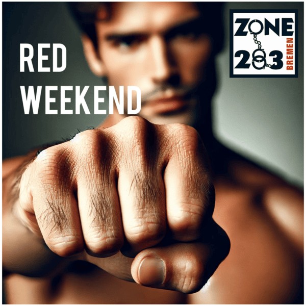Starker Faust im Vordergrund, männliche Person im Hintergrund, Power-Image für "Red Weekend" in Bremen, dynamisch und energiegeladen, Event-Highlight im ZONE 28.3 Bremen.