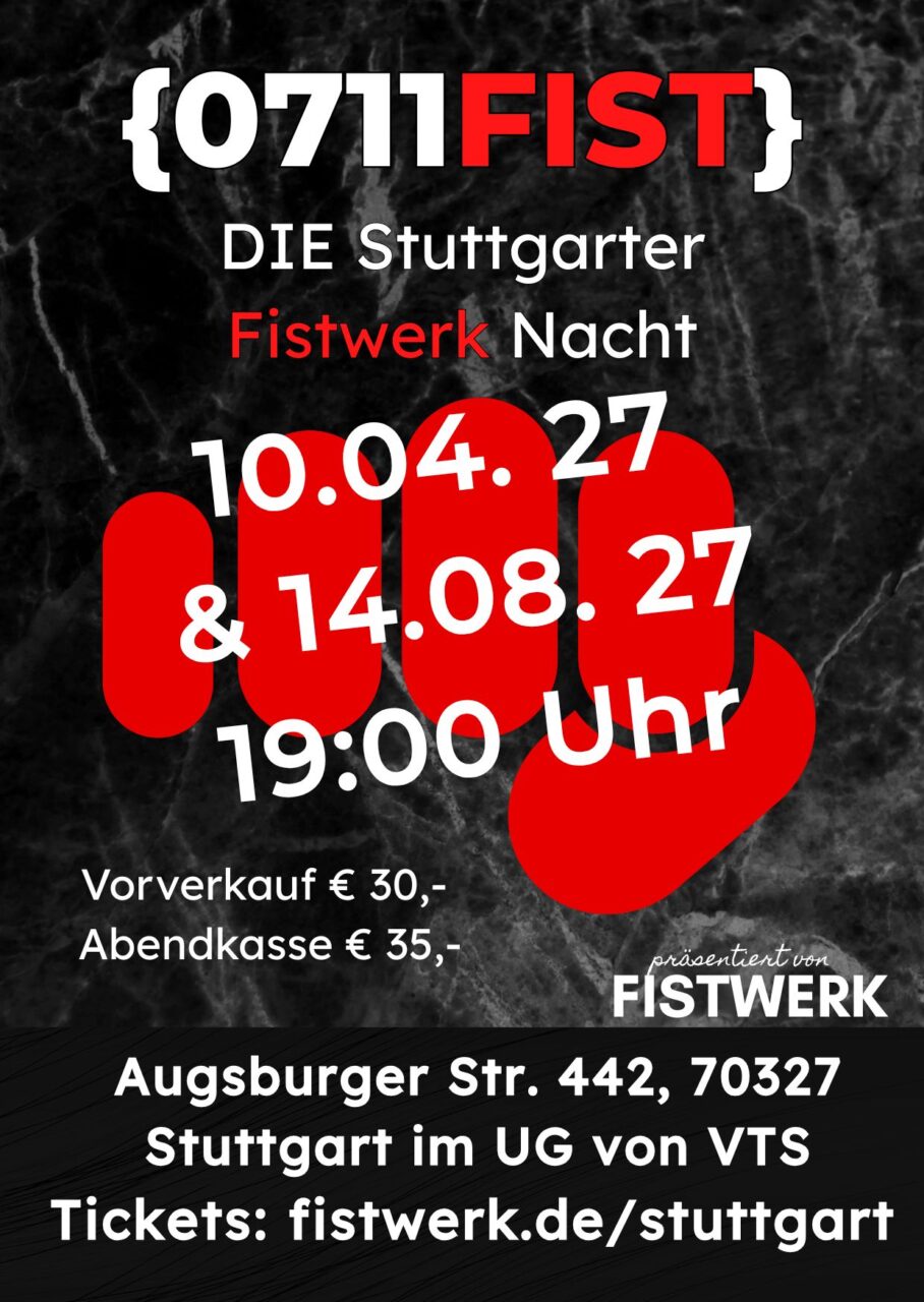 Stuttgarter Fistwerk Nacht mit großes Datum und Uhrzeit, Schwarz-Rot Design für Veranstaltung in Stuttgart.