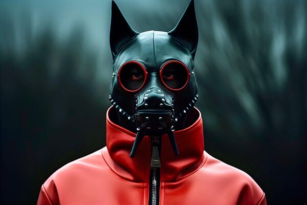 ai generated, pup, jackal, mask, fetish, red, black, fantasy, horror, costume, role play, mysterious, enigmatic, dominance, submission, playful, transformation, unconventional, artistic