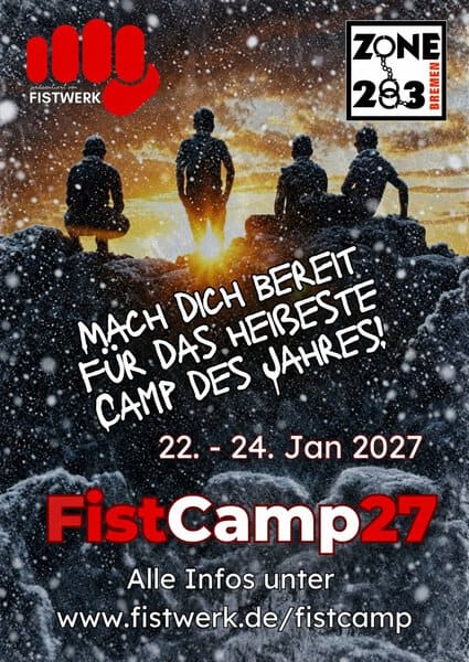Werbeflyer für das Winter Fistcamp 2027 vom 22. bis 24. Januar 2027, mit Silhouetten von vier Personen am Meer bei Sonnenuntergang im Winter, inklusive Logos und Text.